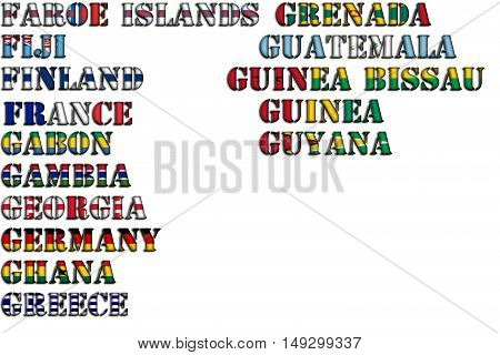 Country names in colors of national flags - full kit. Letters F, G.