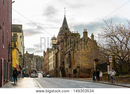 EDINBURGH, SCOTLAND - CIRCA NOVEMBER 2012: The lower part of the Royal Mile. The Royal Mile leads from the Castle to the Palace of Holyroodhouse.