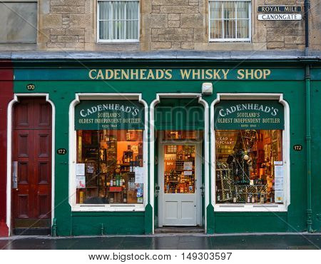 EDINBURGH, SCOTLAND - CIRCA NOVEMBER 2012: Cadenhead's whisky shop facade on Cannongate, Royal Mile