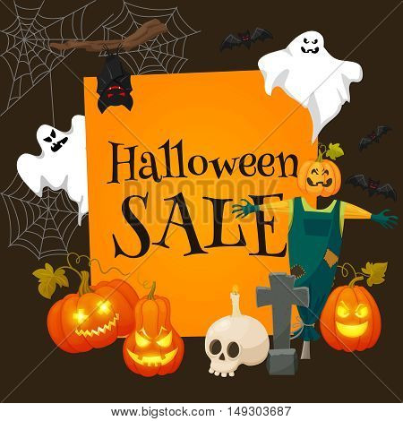 Halloween sale offer design template.Sale background with effigy, ghosts, skull, pumpkins and other traditional symbols of Halloween. Retro cartoon style vector illustration