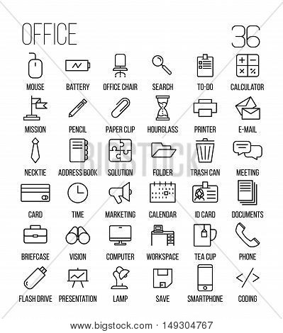 Set of office icons in modern thin line style. High quality black outline business symbols for web site design and mobile apps. Simple linear office pictograms on a white background.