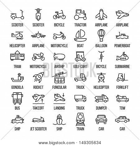 Set of transportation icons in modern thin line style. High quality black outline logistics icons for web site design and mobile apps. Simple linear transportation pictograms on a white background.