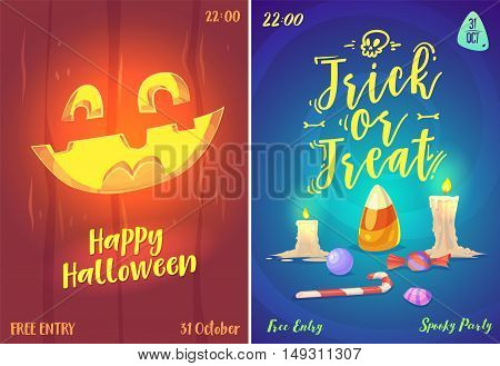 Halloween illustration pumpkin face and sweets . Vector set of happy halloween vintage badges, logos emblems and labels. Vector stock illustration.