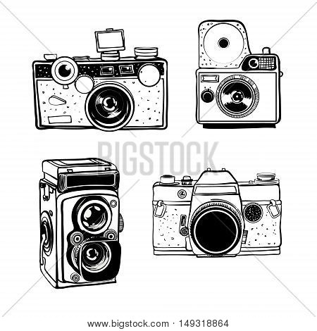 Retro photo camera set vector doodle black and white illustration