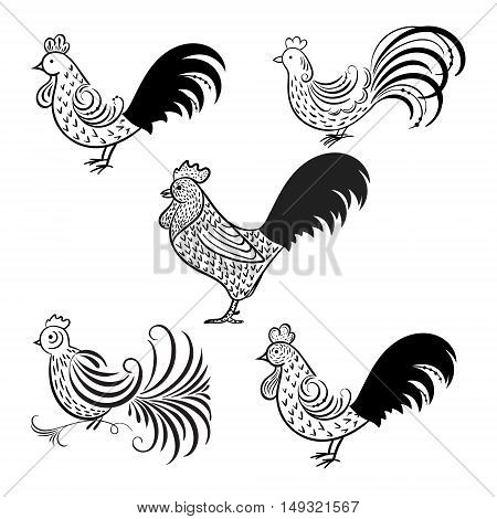 Roosters - symbol of 2017 on the Chinese calendar. Vector silhouette illustration on white background on New Year 2017.