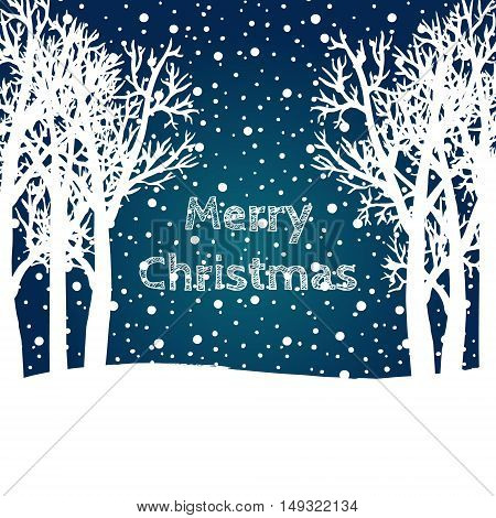 Merry Christmas and Happy New Year 2017 Christmas greeting card. Vector winter holidays landscape background with trees snowflakes falling snow.