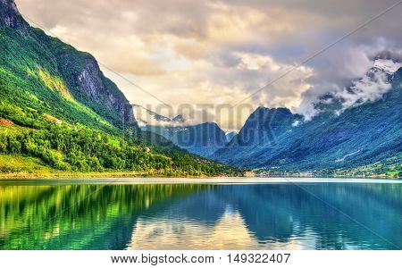 View of Nordfjorden fjord near Loen in Norway