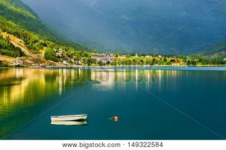 View of Nordfjorden fjord near Loen in Norway