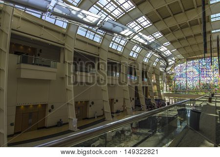 Grand Rapids, Michigan, USA - September 17, 2016: Interior of the main exhibit hall of the Devos Place Convention Center. The center hosts art exhibits, concerts, dance and seminars throughout the year.