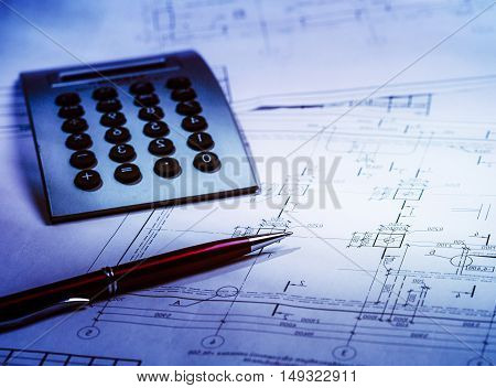 Architectural drawings and tools. Concept of home architecture.