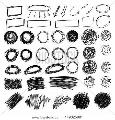Mega collection of Hand drawn scribble circle, oval, rectangle, border elements. Vector abstract black pencil doodles set of shapes, frames isolated on white background.