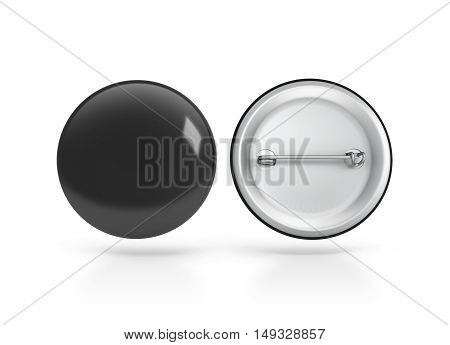 Blank black button badge mockup front and back side clipping path 3d rendering. Empty clear pin emblem mock up. Round plastic volunteer label. Vote sign design template. Campaigning badges display.