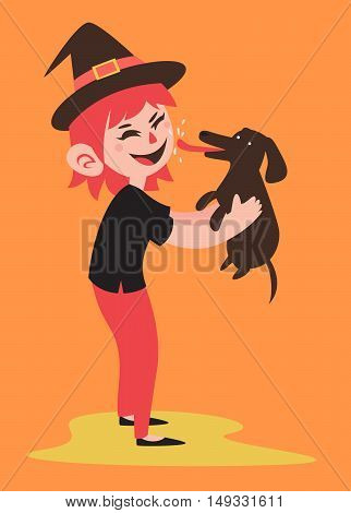 Happy Witch Holding Her Pet Dog