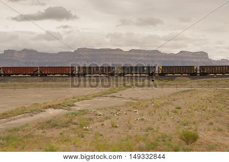 Moab Utah USA - June 6 2015: Rusted cars stationed on the tracks. The Union Pacific Railroad is an American freight railroad company headquartered in Omaha NE.