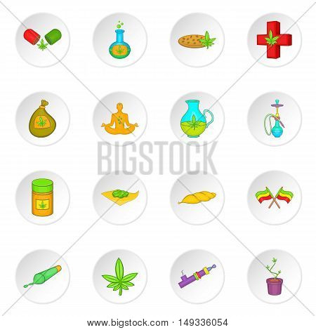 Marijuana icons set in cartoon style. Cannabis elements set collection vector illustration