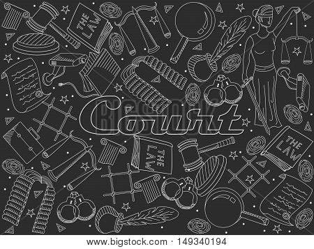 Vector collection or set of law and justice icons sign symbol pictogram in flat style with a Judge book hammer handcuffs scales hat chalky