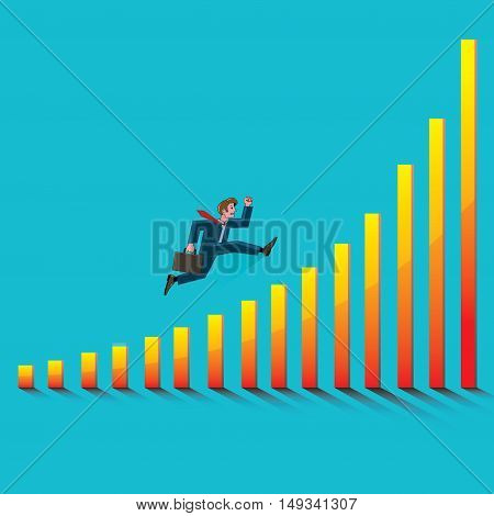 young businessman running up the schedule of increasing success on blue background