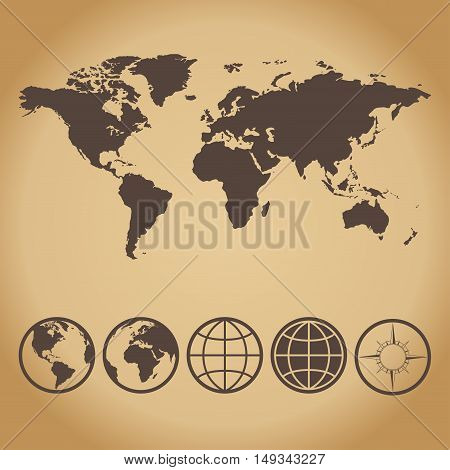 A collection of world map and icons Hemispheres