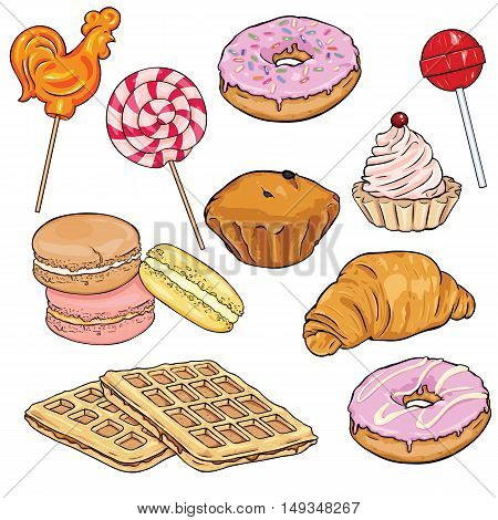 Vector Set Of Cartoon Desserts. Lolipops, Doughnuts, Macaronies And Baking