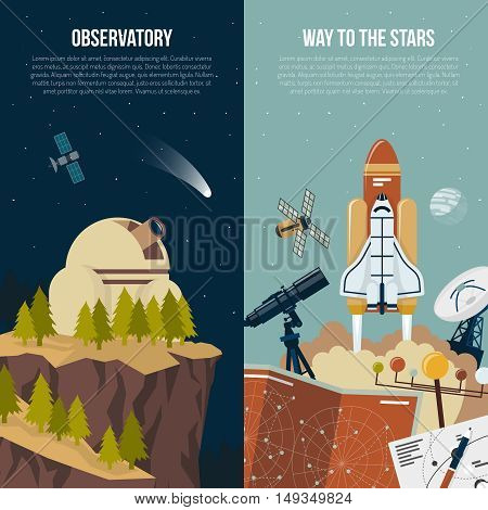 Astronomy vertical banners with observatory in mountains composition and collection of equipment for space flights flat vector illustration