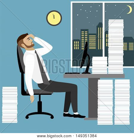 Overworked and tired businessman or office worker sitting at his desk with pile document binders, Business stress. Flat style modern vector illustration