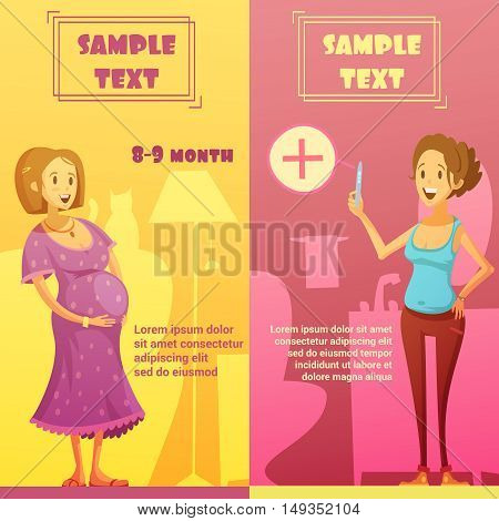 Pregnancy last quarter and strip test 2 vertical banners set with text sample abstract isolated vector illustration