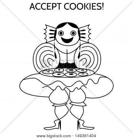 Highly stylized female figure in folk costume with puff sleeves and a wide skirt offers cookies on a tray. Above it is the inscription accept cookies!