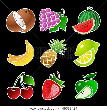 Colourful fruit set with white stroke on black background vector illustration