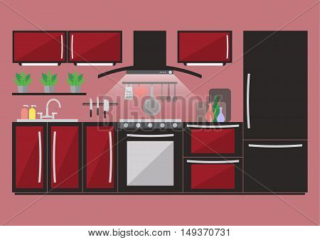 Kitchen with furniture, plants and kitchenware. Flat style vector illustration