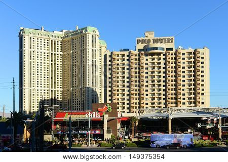 LAS VEGAS - DEC 24, 2015: Marriott's Grand Chateau (left) and Polo Towers by Diamond Resorts (right) on Las Vegas Strip in Las Vegas, Nevada, USA.