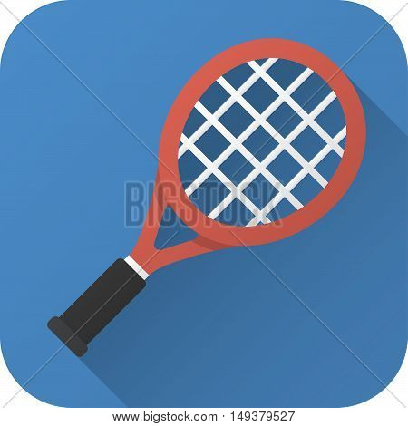 Vector illustration. Toy tennis racket in flat design with long shadow. Square shape icon in simple design. Icon vector size 1024 corner radius 180