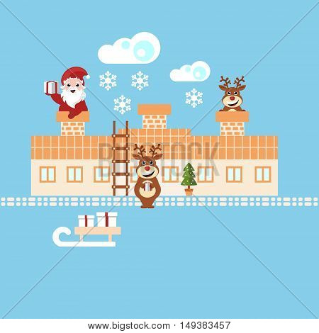 santa claus and reindeer delivering christmas presents