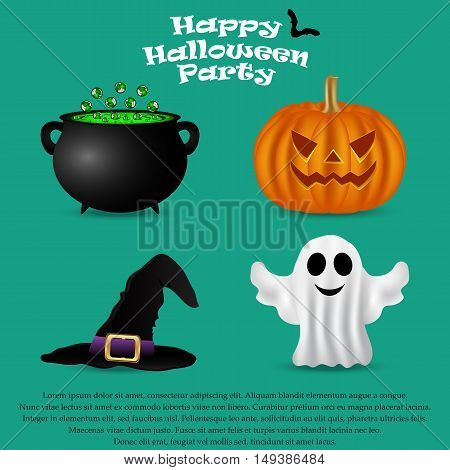 Set for Halloween party. pumpkin, witch hat, a ghost and a pot of potion, vector illustration