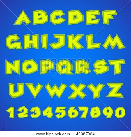 Decorative alphabet. Simple bold. Yellow letters and numbers on a blue background. Stock vector.