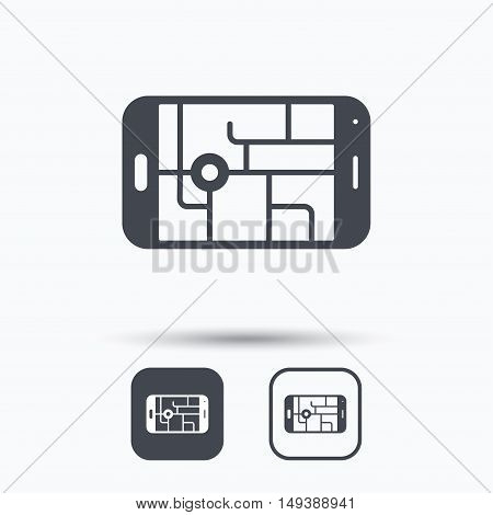 Gps street navigation icon. Smartphone device symbol. Pokemon egg concept. Square buttons with flat web icon on white background. Vector