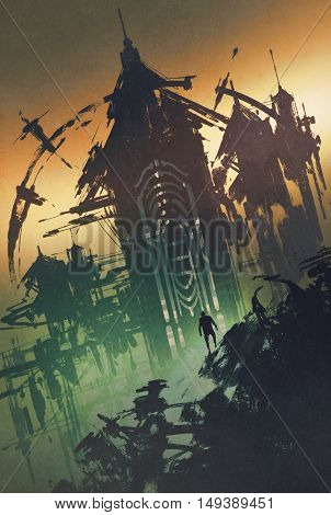 dark mysterious tower at twilight, illustration painting
