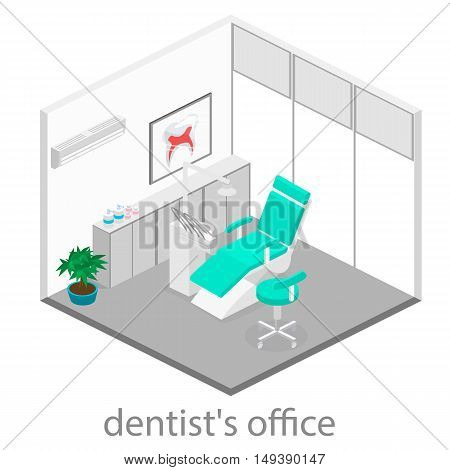 Isometric dentist office during reception patient. Dentistry and doctors office dentist chair dental and medical health oral mouth healthcare illustration