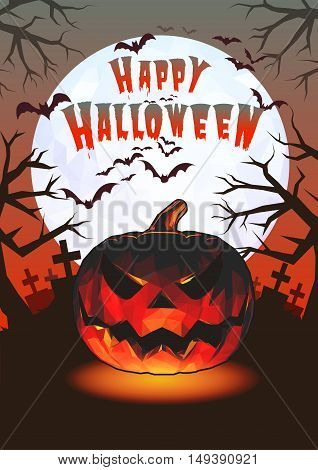 Low poly halloween pumpkin jack lantern and darkness graveyard on full moon background illustration in red tone