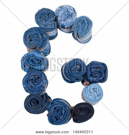 Letter G made of jeans roll on a white background