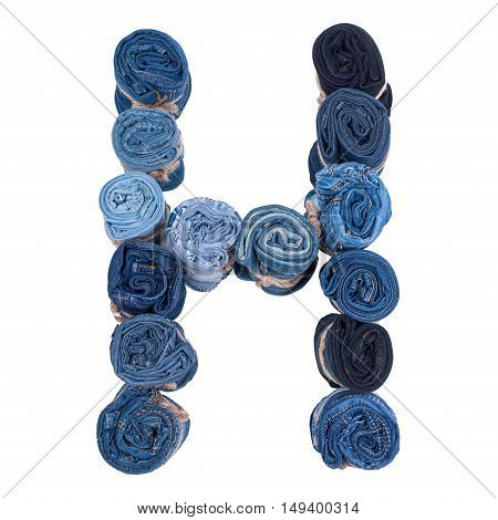 Letter H made of jeans roll on a white background