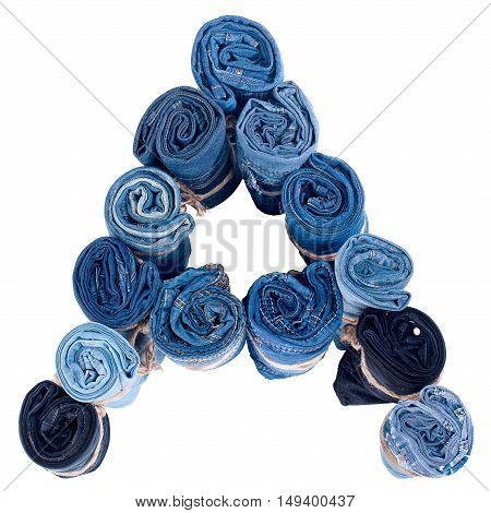 Letter A made of jeans roll on a white background