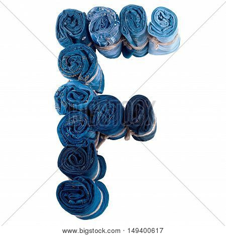 Letter F made of jeans roll on a white background