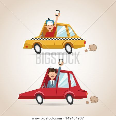 Cartoons men cars and smartphones. Gps navigator location travel and route heme. Colorful design. Vector illustration
