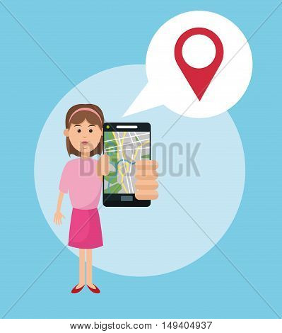 Cartoon woman and smartphone. Gps navigator location travel and route heme. Colorful design. Vector illustration