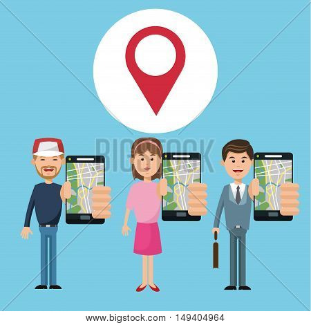 Cartoon woman man and smartphone. Gps navigator location travel and route heme. Colorful design. Vector illustration