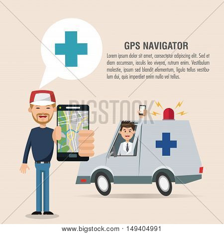 Cartoon man ambulance and smartphone. Gps navigator location travel and route heme. Colorful design. Vector illustration