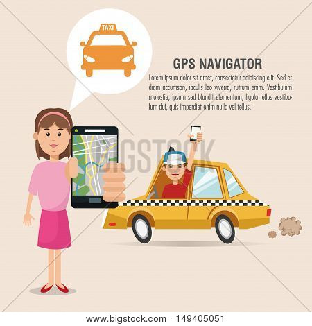 Cartoon woman man taxi and smartphone. Gps navigator location travel and route heme. Colorful design. Vector illustration