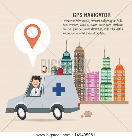 Cartoon man ambulance city and smartphone. Gps navigator location travel and route heme. Colorful design. Vector illustration