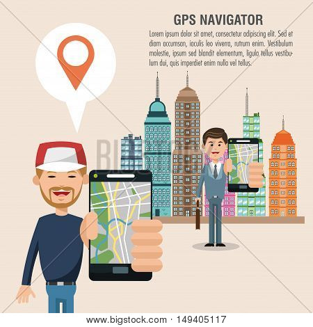 Cartoon man city and smartphone. Gps navigator location travel and route heme. Colorful design. Vector illustration