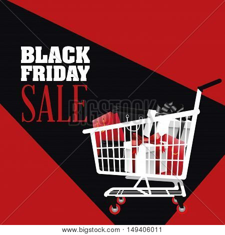 Gifts inside shopping cart icon. Black Friday sale and offer theme. Black and red background. Vector illustration
